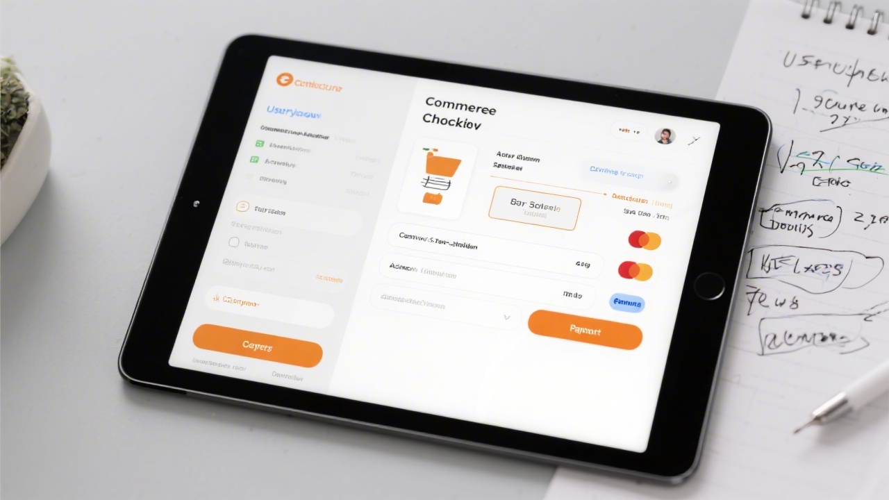 E-commerce checkout flow UI with cart summary, address selection, and payment options, shown on a tablet with annotated user journey notes beside it.