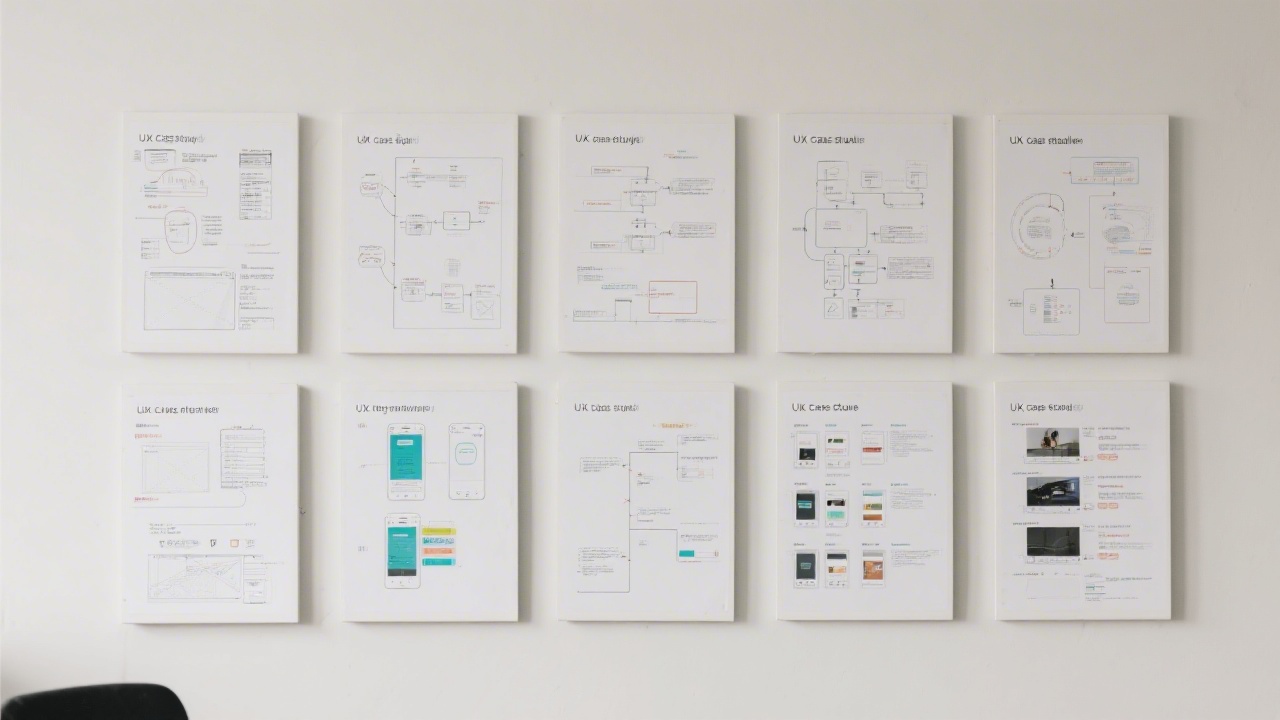 Wall display of printed UX case study boards featuring wireframes, user flows, and prototype screenshots arranged in a clean grid for portfolio review.