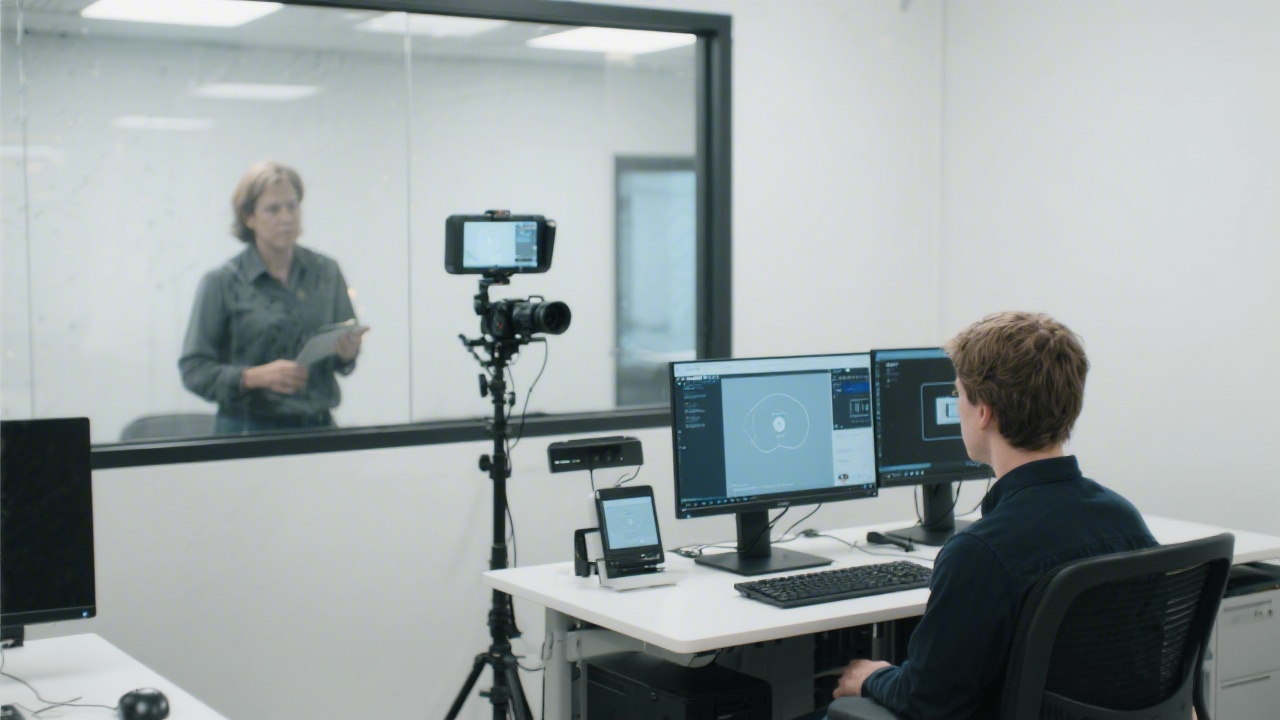 User testing lab with a participant seated at a desktop, a facilitator observing through glass, and recording equipment capturing interaction flow for product usability studies.
